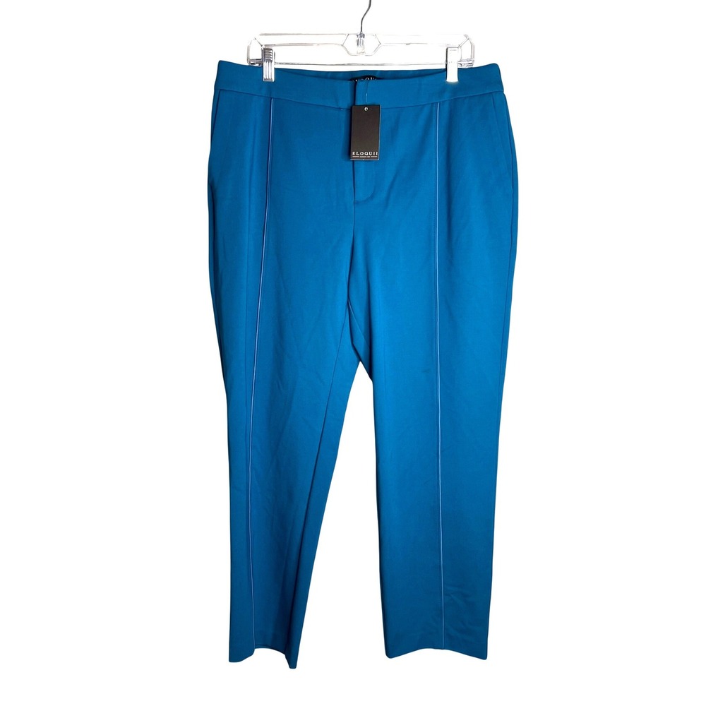Eloquii High Rise Trousers Size 16 16R Teal Blue Pintuck Front Straight Leg NEW